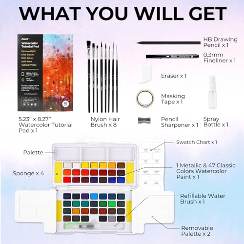 Funto Watercolor Paint Set, 48 Colors, Tutorial Pad, 8 Brushes,Water Brush Pen & More, Painting Set for Adults,Beginners,Professional - style: 48 Beginners Set