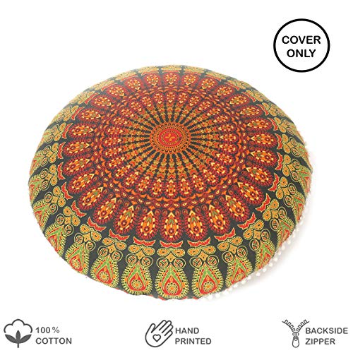 Mandala Floor Pillow Cover Meditation Cushion Seating Throw Hippie Round Colorful Decorative Bohemian Indian Pouf Ottoman Handmade Cover ONLY (A1 Green, 32" x 32") - color: A1 Green, size: 32" x 32" (Pack of 1)