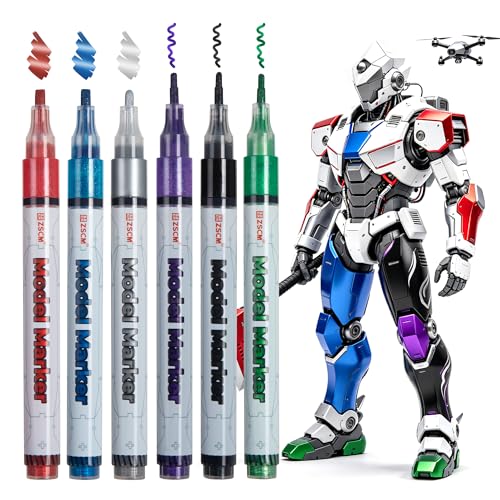 ZSCM Liquid Gloss Metallic Markers, 6 Colors 3D Models Paint Pens | Permanent Marker Set with Dual Tips, Metallic Finish for Model, Metal, Scale Models, Miniatures, Customizing & DIY Crafts - color: 6 Packs-Metallic