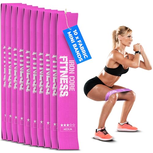 Fabric Mini Resistance Bands Sets for Trainers, Bootcamp, Gym for Men and Women in Fun Colors - Ebook, Videos and Workout Chart Included by Iron Core Fitness - color: #4 Electric Rose, 10 x Medium