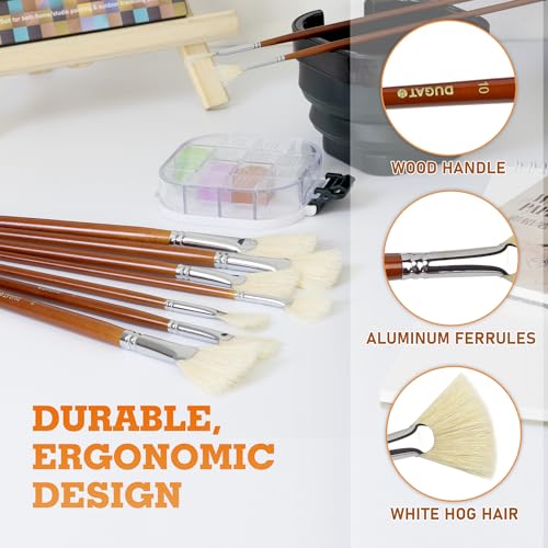 DUGATO Hog Hair Fan Paint Brush Set, 9-Piece Long Handle Brushes | Comfortable Wood Handle for Ceramic Pottery Glazing & Painting, Ideal for Acrylic & Oil, Smooth Blending & Texture Effects - size: 9pcs Fan Brushes