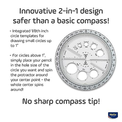 Helix Geometry Tool Set – Locking Compass, Protractor, and 360° Angle & Circle Maker with Integrated Templates – Precision Drawing & Measuring Kit for Students and Professionals