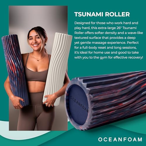 Oceanfoam Tsunami Roller (Dark Navy, Red & Natural Marbled) - Extra-Large, 26" x 5.9" - Soft, Textured Foam Roller for Physical Therapy, Back Pain, Exercise & Stretching - Yoga, Athletics, & Wellness - color: Dark Navy, Red & Natural Marbled