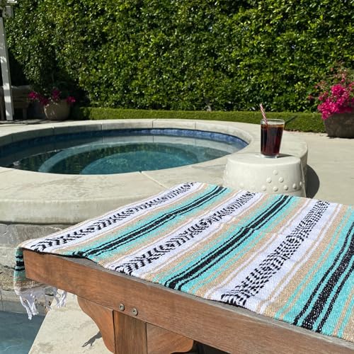 Del Mex Classic Mexican Blanket, Large Authentic Woven Falsa Throw (70"x50"), Artisan Southwest Décor for Beach, Yoga, Outdoors (Mint/Tan) - color: Mint/Tan