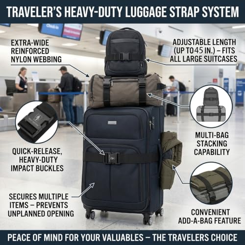 Black Luggage Strap Multiple Connector, Adjustable Bag Strap for Travel - size: 45Inch
