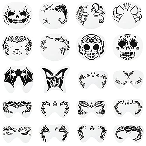 GROBRO7 20 Pcs Halloween Face Painting Stencils Set Skull Bat Face Paint Template Reusable Holiday Masquerade Facial Makeup Kit Butterfly Spider Tattoo Stencil for Kids Adult Party Supplies