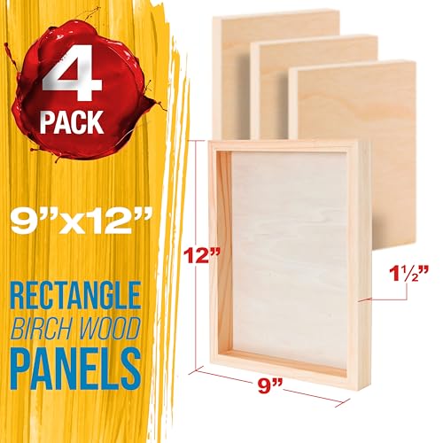 U.S. Art Supply 9" x 12" Unfinished Cradled Wood Panels for Painting, Gallery 1-1/2" Deep (4 Pack) - Artist Depth Birch Wooden Wall Canvases - Mixed-Media Craft, Acrylic, Oil, Encaustic, Paint Pouring - style: 9 Inch x 12 Inch