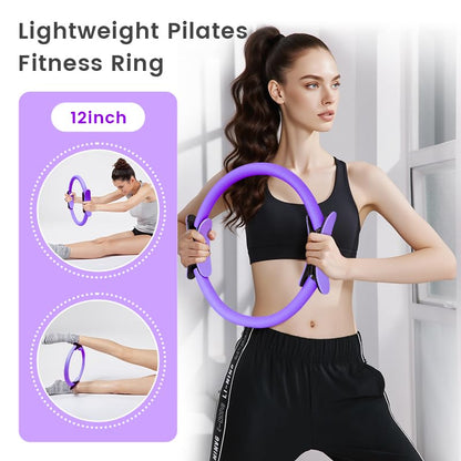 Home Pilates Essentials Kit for Women, with 5 Resistance Bands - Magic Circle Pilates Kit for Home Toning, Includes Yoga Ball, Stretch Strap & Gym Bag (13-Piece Complete Starter Set) - color: Purple