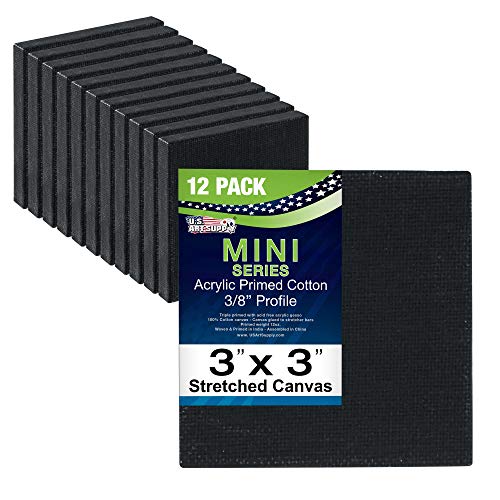 U.S. Art Supply 3" x 3" Black Mini Professional Stretched Canvas 12 Pack | Small Primed Stretched Artist Canvas Professional - Ideal for Arts & Crafts