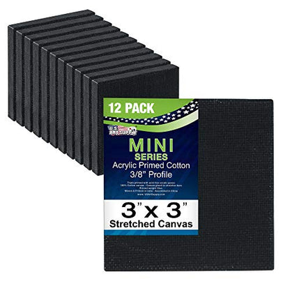 U.S. Art Supply 3" x 3" Black Mini Professional Stretched Canvas 12 Pack | Small Primed Stretched Artist Canvas Professional - Ideal for Arts & Crafts