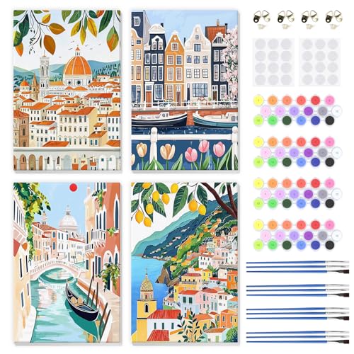 QENSPE 4 Pack Paint by Numbers Kit for Adults with Wooden Frame, Cityscape Adults Paint by Number for Beginners, DIY Easy Acrylic Oil Painting Kits on Canvas, Home Wall Decor Gift 8X12 inch - color: Cityscape