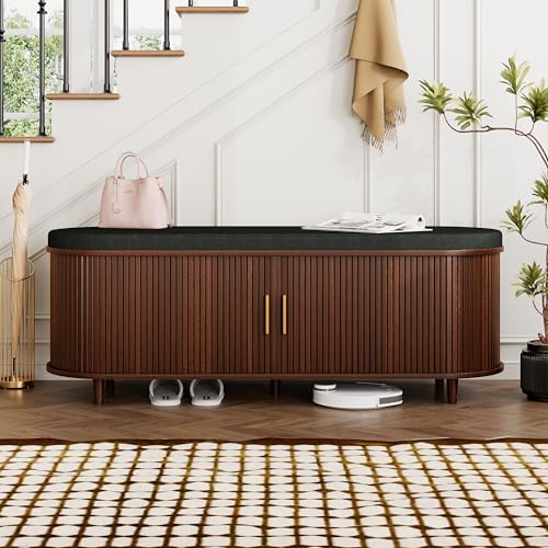 DHH 2-Tier Storage Bench,Wide Shoe Bench with Thickened Padded Seat Cushion, Mid Century Modern Fluted Sliding Door and Adjustable Shelf, for Entryway, Living Room, Bedroom (Walnut, 51.2”) - color: Walnut, size: 51.2 inch
