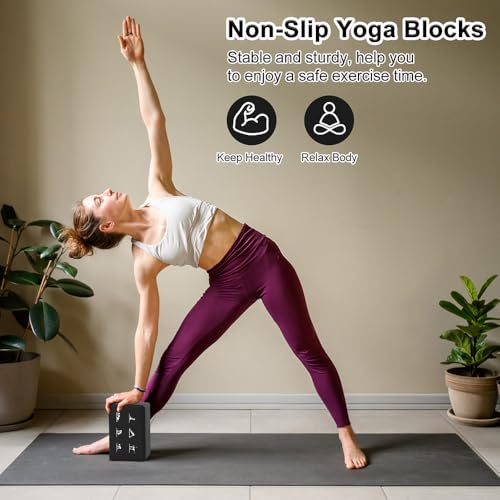 2 Yoga Block and 2 Yoga Strap Set,Non-slip EVA Foam Blocks, High Density Yoga Bricks with 6ft Strap, Supportive Latex-Free Yoga Block Accessories for Pilates - color: Black