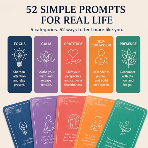 52 Mindfulness Cards for Stress Relief & Everyday Calm, 60-Second Self Care Prompt Deck for Gratitude, Grounding & Meditation, Wellness Gifts for Women and Men