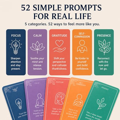 52 Mindfulness Cards for Stress Relief & Everyday Calm, 60-Second Self Care Prompt Deck for Gratitude, Grounding & Meditation, Wellness Gifts for Women and Men