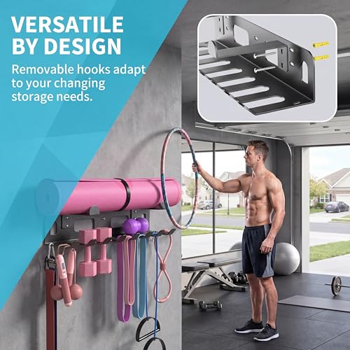 Heavy-Duty Wall Mounted Metal Gym Wall Storage Rack, Multi-Purpose Home Gym Organization & Gym Equipment Storage Organizer for Yoga Mat, Resistance Bands, Jump Ropes, Weight Belts – Space-Saving Garage Gym Storage with Removable Hooks