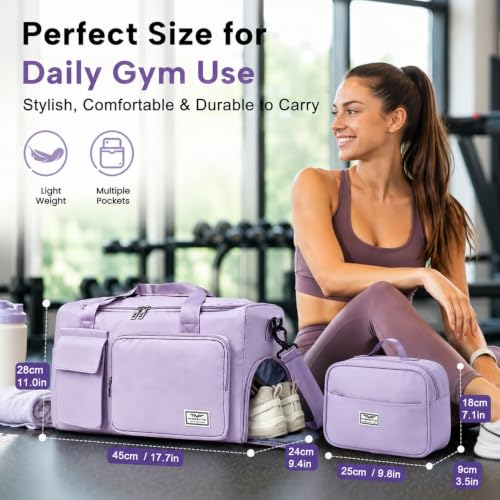 FIORETTO Women's Gym Duffle Bag with Shoes Compartment, 30L Capacity, Ideal for Travel, Gym, Sports, Duffel, Weekender - color: Lavender, style: Gym Bag With Toiletry Bag