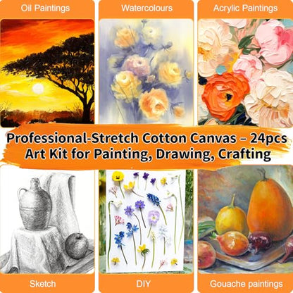 24-Pack Stretched Canvas 8 Sizes 100% Cotton for Acrylic Oil Mixed Media | 100% cotton with natural cottonseed husk, 5/8" deep profile, triple-gesso acid-free white canvas - size: 12"x16", 11"x14", 9"x12", 8"x10", 8"x6", 4"x6"