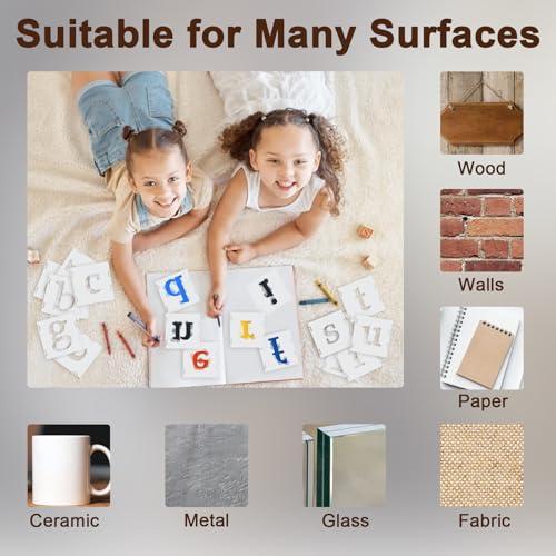 Amrules 65 Pcs Painting Stencils, Letters Numbers and Symbols, 4 x 4 Inch | Plastic, Reusable, Interlocked Design, Drawing Templates Set Fit for Wood, Walls, Fabrics, Rocks, Home Decoration - style: Letter