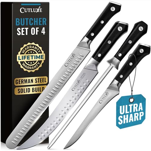 Cutluxe Butcher Knife Set, Brisket, Breaking & Boning Knife with Honing Rod | Carving Blades for Meat Prep, Ultra Sharp German Steel, Full Tang Ergonomic Handles – Grilling Gift - size: 4 Pcs BBQ Set