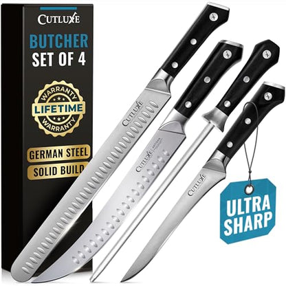 Cutluxe Butcher Knife Set, Brisket, Breaking & Boning Knife with Honing Rod | Carving Blades for Meat Prep, Ultra Sharp German Steel, Full Tang Ergonomic Handles – Grilling Gift - size: 4 Pcs BBQ Set