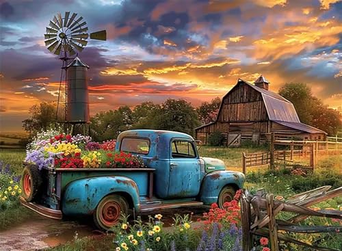 Farmhouse Truck Flower Paint by Numbers Kit for Adults Canvas,Frameworkless | Easy Adult Paint by Number Kits on Canvas DIY Truck Flower Painting for Beginners Art by Numbers for Home Wall Decor Gift - color: YH02563