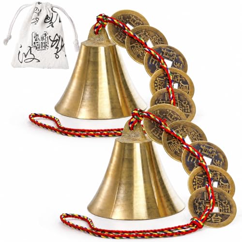 YOUEON 2 Pcs Chinese Lucky Bell for Wealth and Safe, Chinese Hanging Decor Wind Chimes with Coins for Good Luck, Peace and Success for Indoor Outdoor Patio Front Door