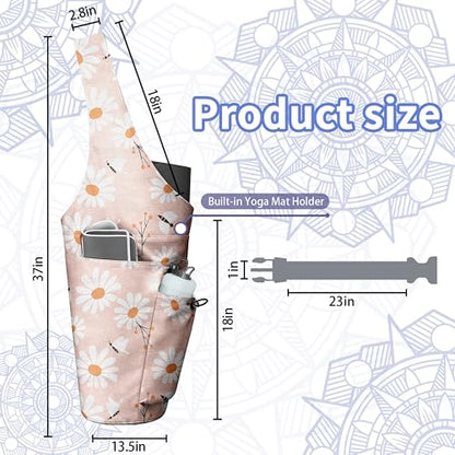 Yoga Bag for Women, Large Yoga Mat Bag Tote Carrier with Wet Dry Pocket | Water Bottle Holder & Adjustable Strap, Fits 1/2" Thick Yoga Mat for Gym, Pilates, Travel, Work - color: Pink Daisy
