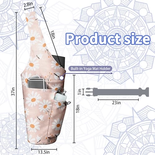 Yoga Bag for Women, Large Yoga Mat Bag Tote Carrier with Wet Dry Pocket | Water Bottle Holder & Adjustable Strap, Fits 1/2" Thick Yoga Mat for Gym, Pilates, Travel, Work - color: Pink Daisy