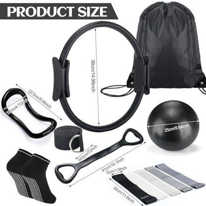 RoundFunny Pilates Ring Circle Set 18 Pcs Exercise Equipment Accessories for Women Workouts Pilates Ball Stretching Strap Magic Circle Yoga Ring Gym Back Bag Resistance Band Anti Slip Socks - color: Black