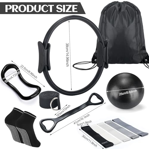 RoundFunny Pilates Ring Circle Set 18 Pcs Exercise Equipment Accessories for Women Workouts Pilates Ball Stretching Strap Magic Circle Yoga Ring Gym Back Bag Resistance Band Anti Slip Socks - color: Black