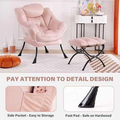 Tiita Lazy Chair with Ottoman, Comfy Reading Accent Chair, Velvet Pink | Foldable Footrest, Padded Seat and Backrest, Side Pocket for Lounging in Living Rooms, Bedrooms, Dorms and Small Spaces - color: Pink