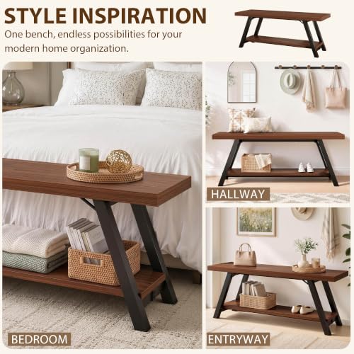 LVB Industrial Entryway Bench with Storage, Wood and Metal Bedroom Bench - color: Walnut