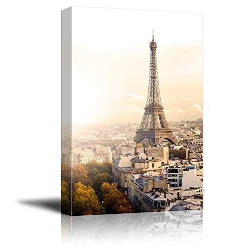 Canvas Prints Wall Art - Aerial View of Paris and Eiffel Tower at Sunset Vintage/Retro Style | Modern Wall Decor/Home Art Stretched Gallery Canvas Wraps Giclee Print & Ready to Hang - 18" x 12" - color: Eiffel Tower, size: 18"L x 12"W