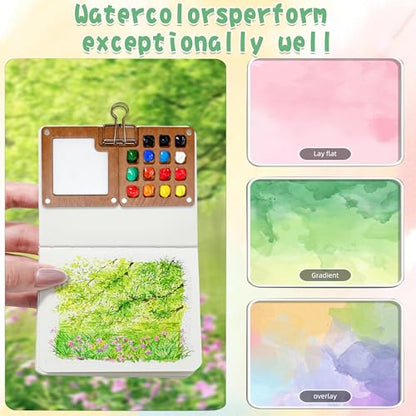 Mini Paint Palette Travel Kit, Portable Pocket Artist Water Color Travel Set with 24 Colours,Sketchbook,Clips,Pens,15 Grid Wooden Paint Box for Painters Artists (24 Colours)