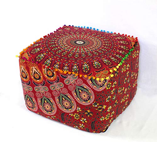 CRAFT KALA Large Hippie Mandala Meditation Floor Ottoman Pillow Cushion Pouf Cover Square Poufs Cover Bohemian Circle Floor Cushion Case Outdoor Fireplace Living Room Decor 22X22X14 inches, Red Mirchi - color: Red Mirchi, size: 22x22x14 inches