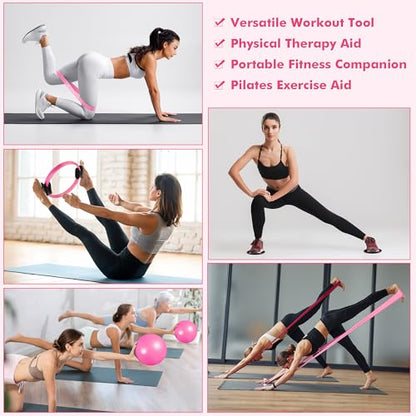 Goocrun Pilates Ring Set Exercise Equipment, with Exercise Resistance Bands Set, Pilates Ball, Sliding Disks. Portable Home Gym - with Fitness Guide Poster - color: Pink, size: Basic-level