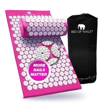 Bed of Nails Mat and Pillow Set – Original Bon Acupressure Design with 10962 Precision Nails, Mat: 28.5 x 16.5 x 1", Pillow: 14.5 x 6 x 4", Pink - color: Pink - Mat & Pillow Set