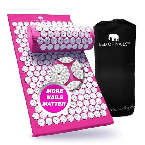 Bed of Nails Mat and Pillow Set – Original Bon Acupressure Design with 10962 Precision Nails, Mat: 28.5 x 16.5 x 1", Pillow: 14.5 x 6 x 4", Pink - color: Pink - Mat & Pillow Set