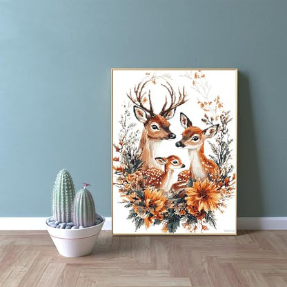 MIJVFNB DIY Cross Stitch Kit for Beginners Family of Deer with Fawn in Autumn Floral Wreath 11CT Embroidery Kit with Pattern Stamped Needlepoint Craft Kit 30x40cm