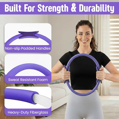 Pilates Kit for Women – 16 Pcs Home Pilates Equipment Set with Magic Circle Ring, Ball, 5 Resistance Bands, Yoga Strap, Ankle Weights, Grip Socks & More | Pilates Starter Kit - color: Purple