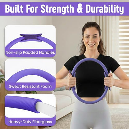 Pilates Kit for Women – 16 Pcs Home Pilates Equipment Set with Magic Circle Ring, Ball, 5 Resistance Bands, Yoga Strap, Ankle Weights, Grip Socks & More | Pilates Starter Kit - color: Purple