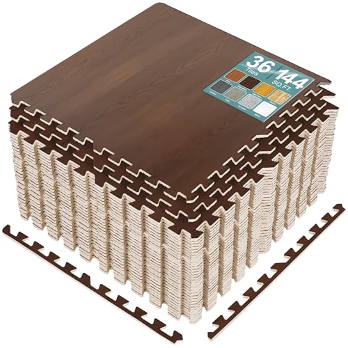 Sorbus Interlocking Wood Grain Foam Floor Tiles (36 Pack, Mahogany) | 3/8-inch EVA floor mats create cushioned foam flooring for playrooms, basements, apartments, trade shows and baby spaces. - color: Mahogany, size: 36 Pack