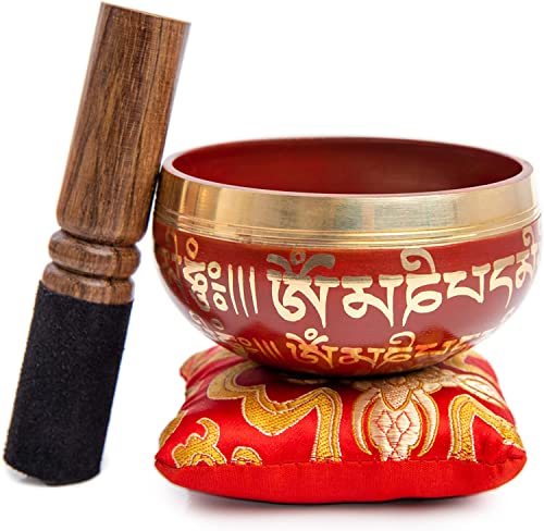 Tibetan Singing Bowl Set - Easy To Play for Beginners - Authentic Handcrafted Mindfulness Meditation Holistic Sound 7 Chakra Healing Gift by Himalayan Bazaar (Crimson) - color: Crimson Red