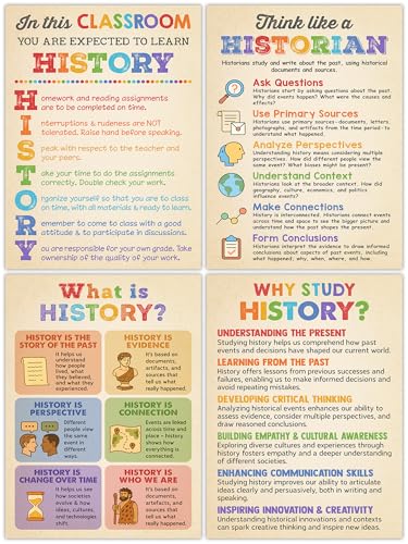 Lalunia 4 Pcs Social Studies Classroom Decorations – US History Poster (11x16) Vintage Retro for Classroom Elementary Middle and High School, What is History Posters, Teacher Gifts - color: History