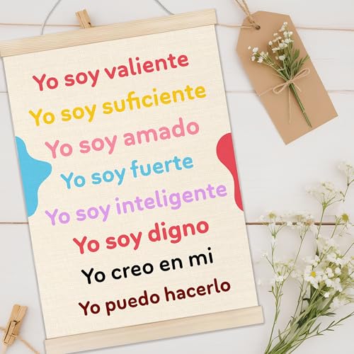 Welshower Boho Spanish Classroom Poster Hanger Frame, Yo Soy Valiente Motivational Inspirational Quotes Wall Art Prints Decor for Classroom Kids Room Nursery Playroom, 12x16 Inch - color: positive words13
