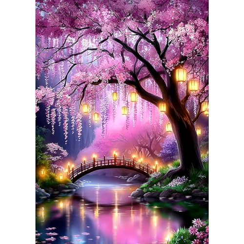 MXJSUA Cherry Blossom Lanterns Diamond Art Painting Kits for Adults, Full Drill 5D Round Dots Diamonds Paint Picture for Beginners, Gem Art Painting Craft Kits for Home Decor Gift 12x16 inch - color: Cherry Blossom Lanterns