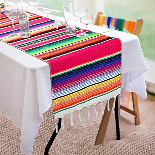 Mexican Table Runner 14 x 84 Inch Mexican Serape Table Runner for Mexican Party Wedding Decorations, Fringe Cotton Table Runner - color: Pink, size: 14 x 84 Inch