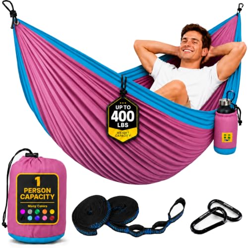 Durable Hammock 400 lb Capacity, Nylon Camping Hammock Chair - Double or Single Sizes w/Tree Straps and Attached Carry Bag - Portable for Travel/Backpacking/Beach/Backyard (Medium, Fuchsia & Sky Blue) - color: Fuchsia & Sky Blue, size: Medium