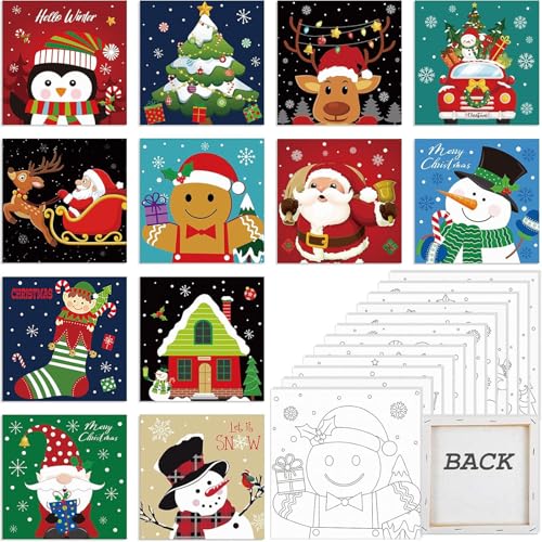 Sherr 12 Pcs Pre Drawn Canvas for Adults,Cute Xmas,8 x 8 Inch | Pre Printed Canvas, Sip and Paint Party Canvas Painting Kit, for Holiday Painting Crafts Favor - size: 8 x 8 Inch, style: Cute Xmas